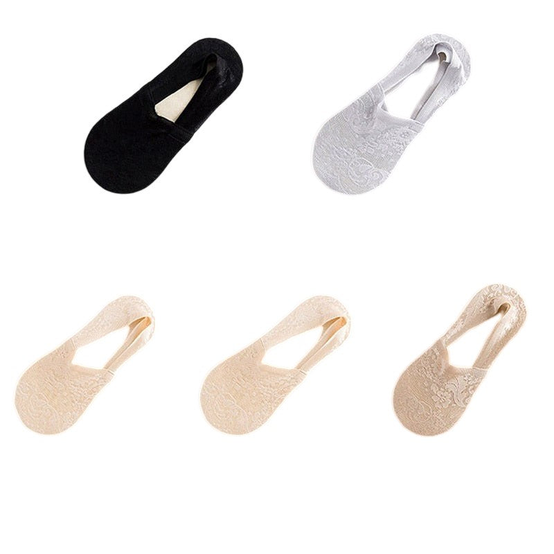 Anysox 5 Pairs Size 5-9 Fashion Socks Lace Flower Style Breathable Antiskid Invisible Ankle Socks for Women (1 Black, 1 Grey, 2 Skin, 1 Khaki)-Socks-PEROZ Accessories