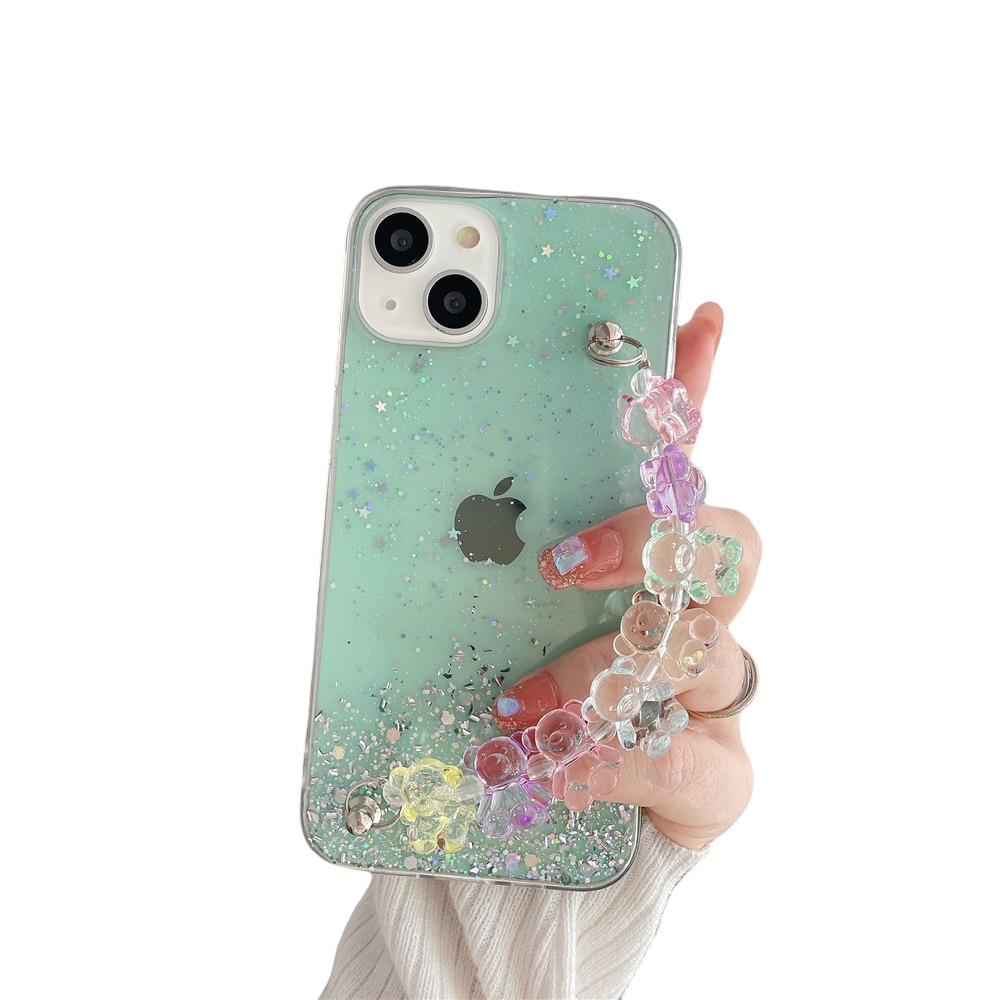 Anymob iPhone Case Mint Green 3D Cartoon Bear Wrist Bracelet Soft Chain Clear Glitter Cover-Mobile Phone Cases-PEROZ Accessories