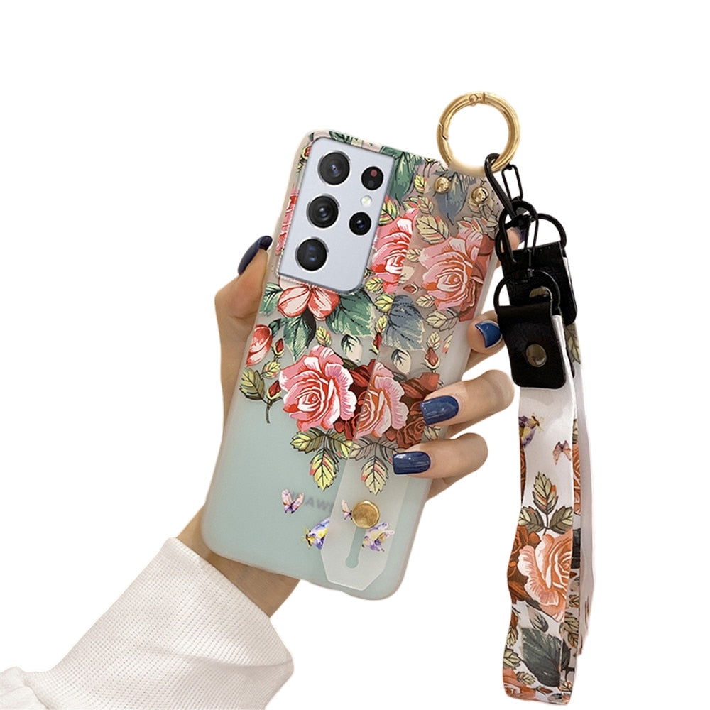 Anymob Samsung Pink Rose Soft Silicone Case Flowers Neck Lanyard Wristband Holder Cover-Mobile Phone Cases-PEROZ Accessories