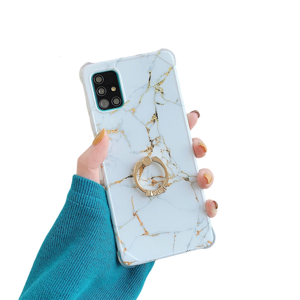 Anymob Samsung White And Gold Marble Ring Holder Case Silicone Shockproof Cover-Mobile Phone Cases-PEROZ Accessories