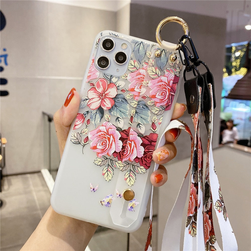 Anymob iPhone Case Blue and Pink 3D Flower Soft Silicone Phone Cover With Wrist Strap Lanyard-Mobile Phone Cases-PEROZ Accessories