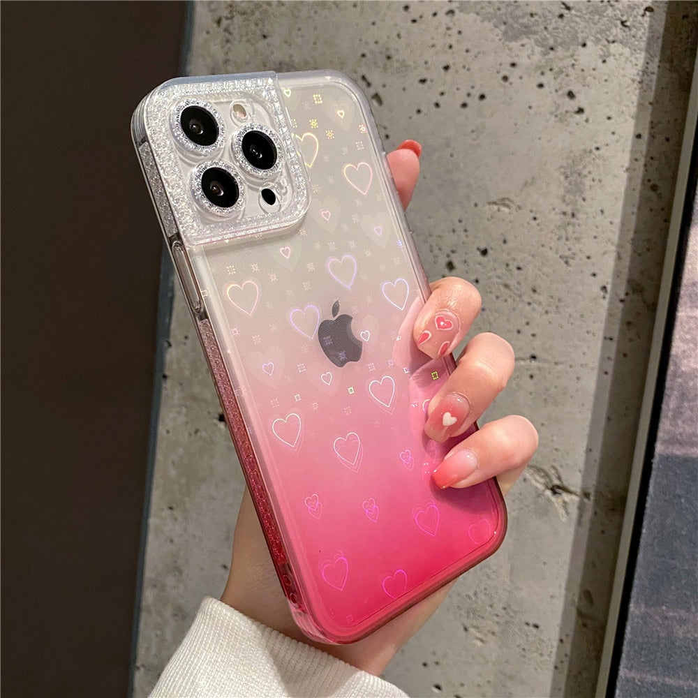 Anymob iPhone Case Pink Gradient Reflective Holographic Love Heart Diamond Camera Soft Cover-Mobile Phone Cases-PEROZ Accessories