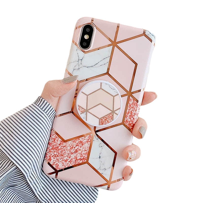 Anymob iPhone Peachy Holder Stand Case Back Cover Marble Art Silicone Phone Cover-Mobile Phone Cases-PEROZ Accessories