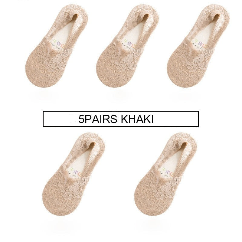 Anysox 5 Pairs Size 5-9 Fashion Socks Lace Flower Style Breathable Antiskid Invisible Ankle Socks for Women Khaki-Socks-PEROZ Accessories