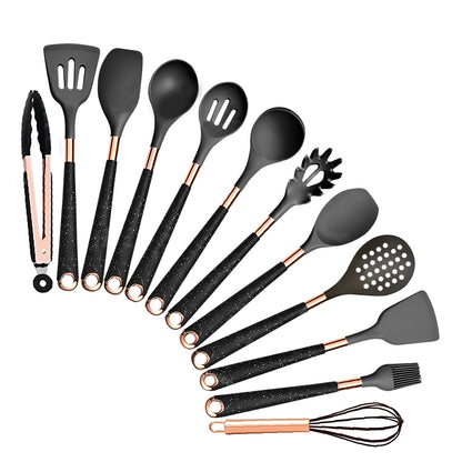 Anygleam Kitchen Utensils Non-stick Black 12 Set Gold Plated Handle with Support Point Cooking Tool Accessories Heat Resistant Kitchenware-PEROZ Accessories