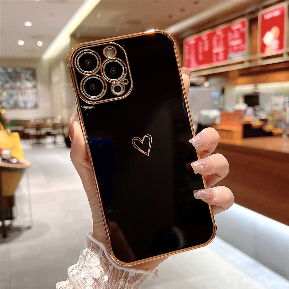 Anymob iPhone Case Black Love Heart Gold Plating Soft Shockproof Cover iPhone 13 12 11 Pro Max X XS Max XR 12 13 2020 Compatible-Mobile Phone Cases-PEROZ Accessories