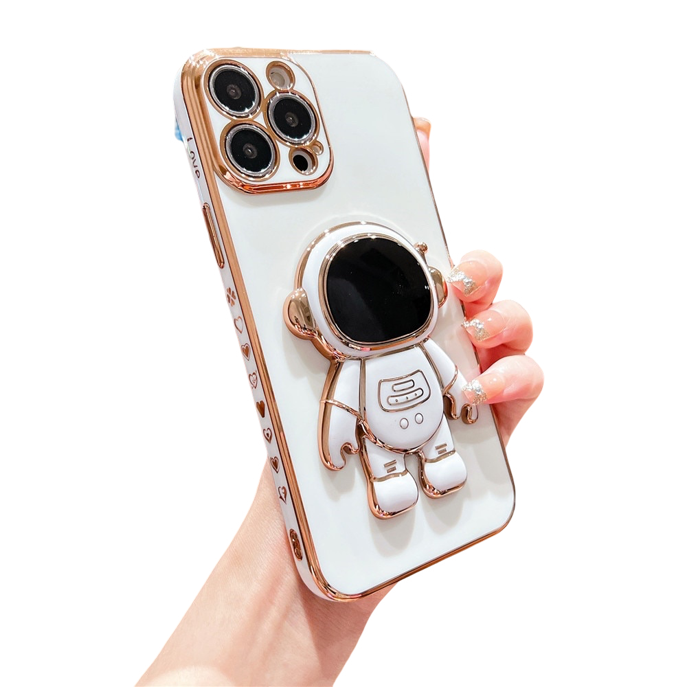Anymob iPhone Case White Plating Astronaut Stand Holder Lens Protection Heart Pattern Cover-Mobile Phone Cases-PEROZ Accessories