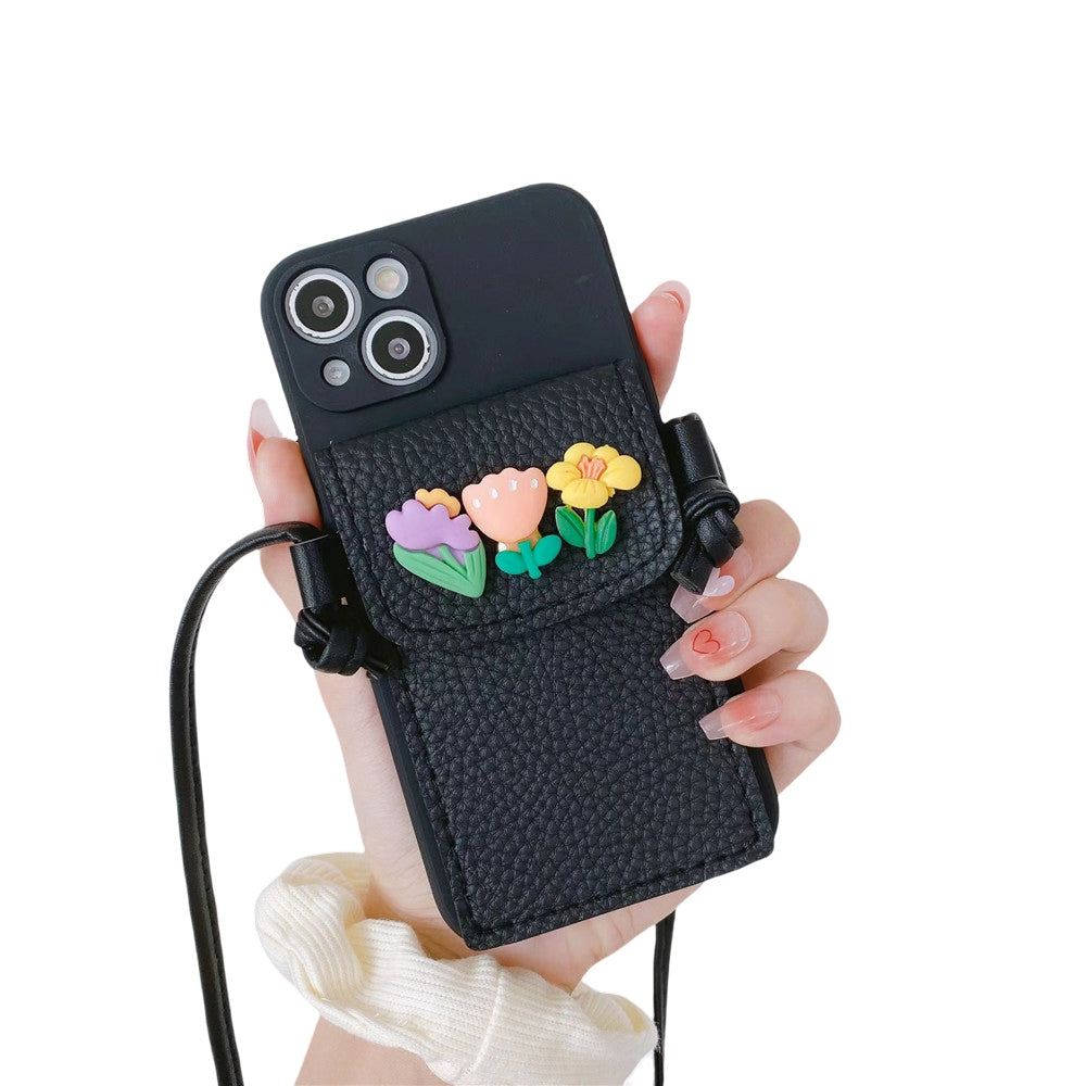 Anymob iPhone Black Crossbody Lanyard Rope Card Slot Holder Case Flowers Soft Silicone Cover-Mobile Phone Cases-PEROZ Accessories