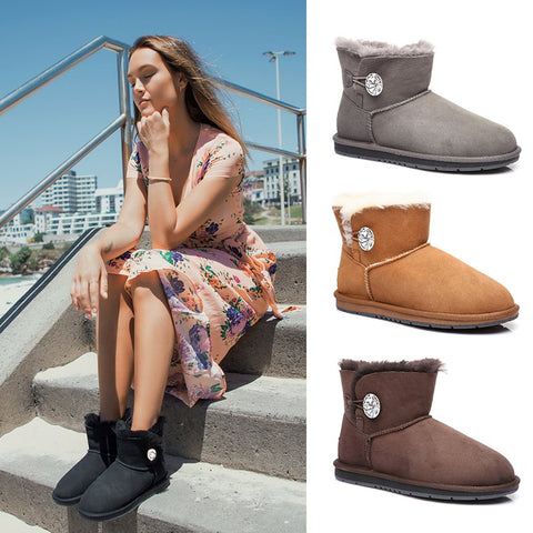 UGG Boots Australia Premium Double Face Sheepskin Mini Button with Crystal Water Resistant-Boots-PEROZ Accessories
