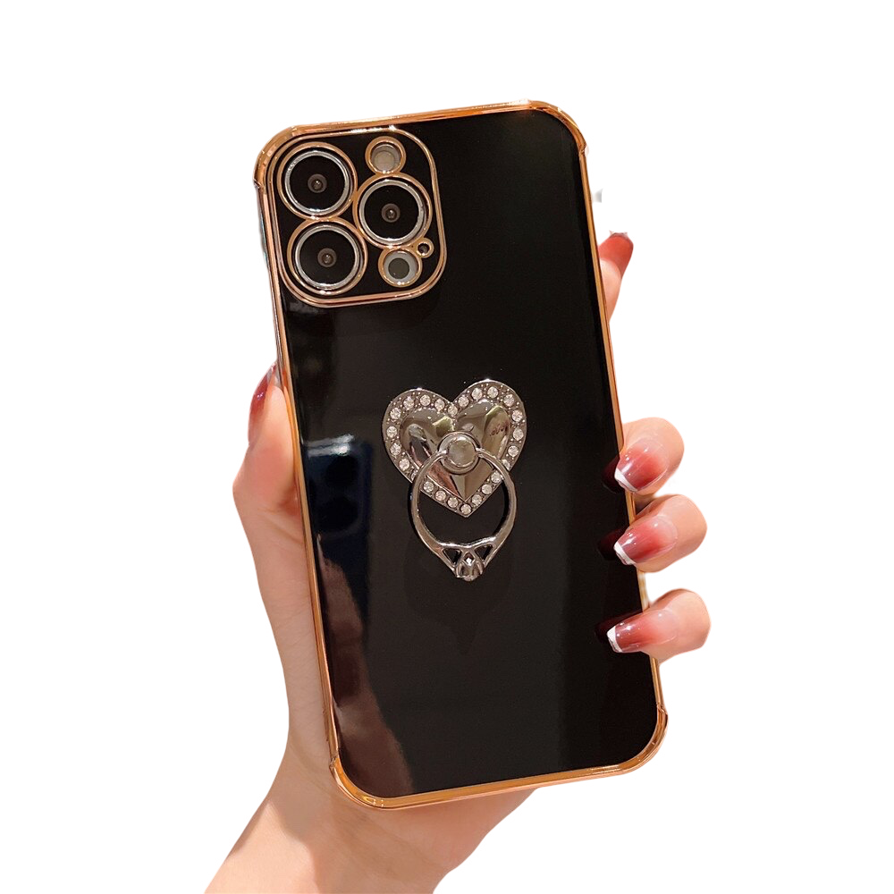 Anymob iPhone Case Black Plating Love Heart Ring Holder Kickstand Soft Silicone Cover-Mobile Phone Cases-PEROZ Accessories