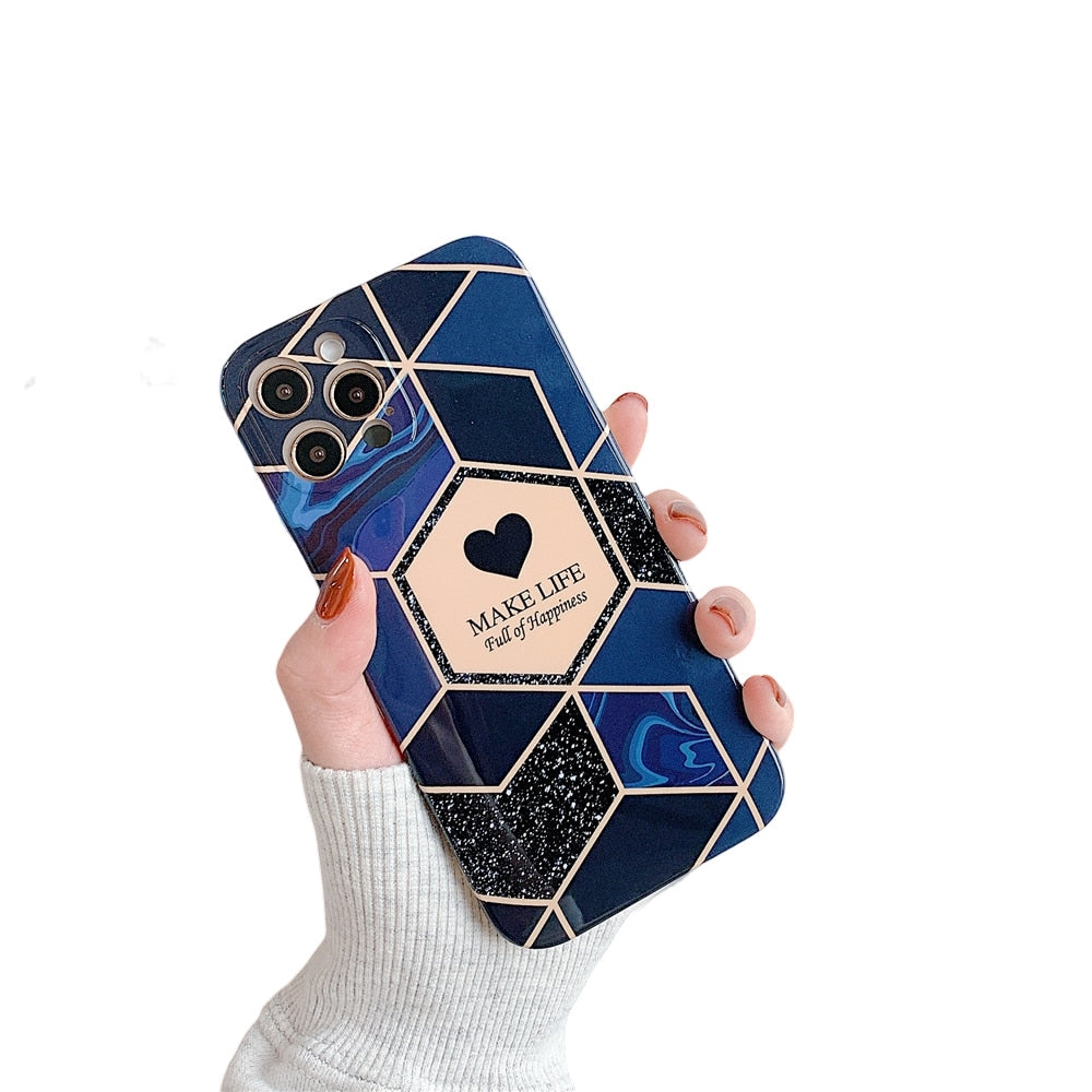 Anymob iPhone Blue Geometric Love Heart Marble Phone Cases Silicone Shell Cover-Mobile Phone Cases-PEROZ Accessories