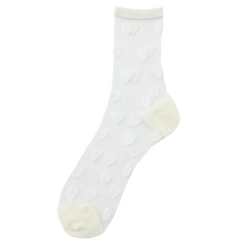 Anysox 5 Pairs White Size 5-9 Heart Tull Glass Silk Design With Transparent Thin Mesh Color Full Nylon S Knee Socks ComFortable To Wear For Ladies-Socks-PEROZ Accessories