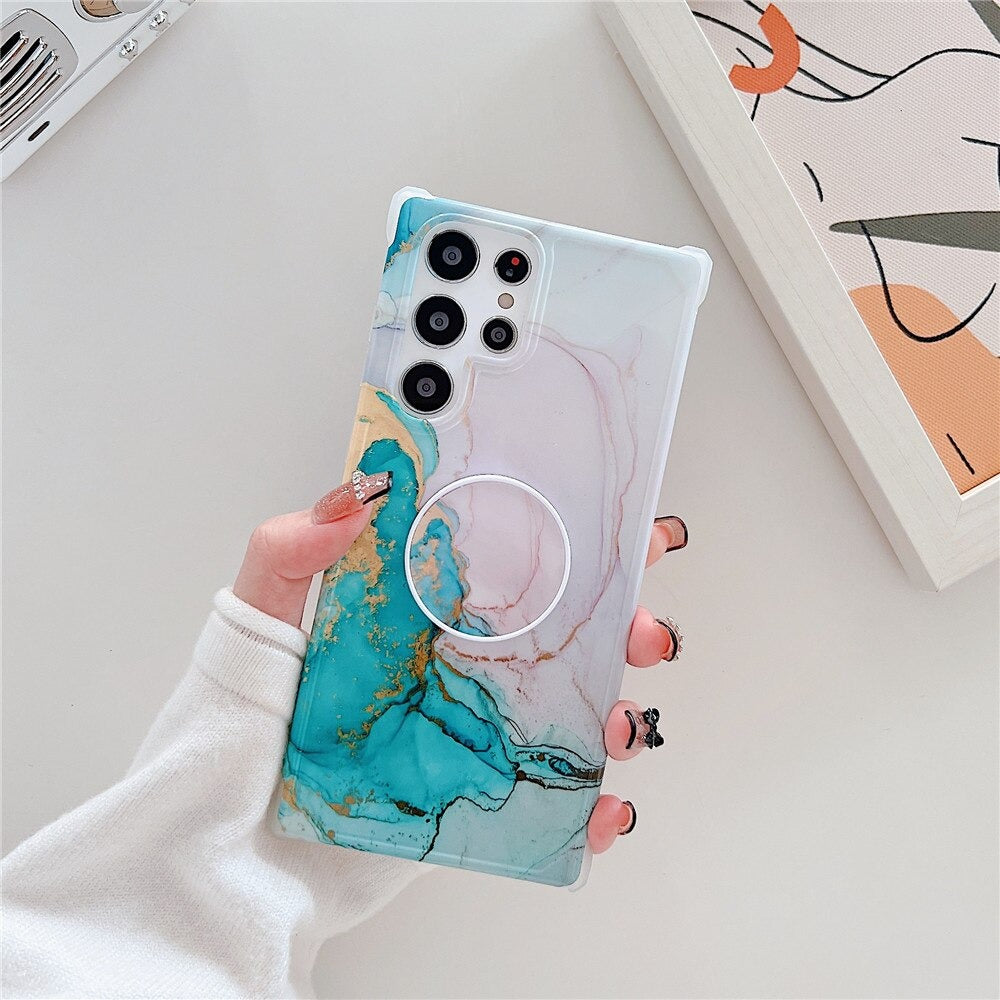 Anymob Samsung Phone Case Style Crack Granite Marble Fold Holder Soft Cover Ocean Blue For S22 Ultra S21 Plus Note 20 S20 FE S10 A51 A71 A50-Mobile Phone Cases-PEROZ Accessories