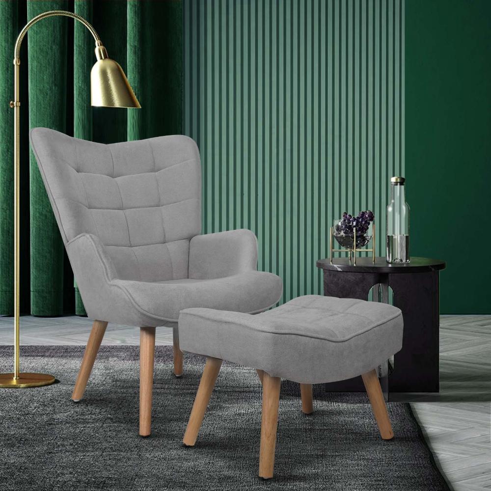 Oikiture Armchair Lounge Chair Ottoman Accent Armchairs Fabric Sofa Chairs Grey-Armchair-PEROZ Accessories