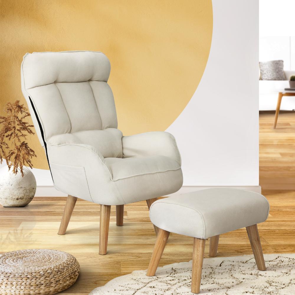 Oikiture Armchair wit Stool, Home Lounge with 360¡ Swivel Seat and 145¡ Recline Beige-Armchair-PEROZ Accessories