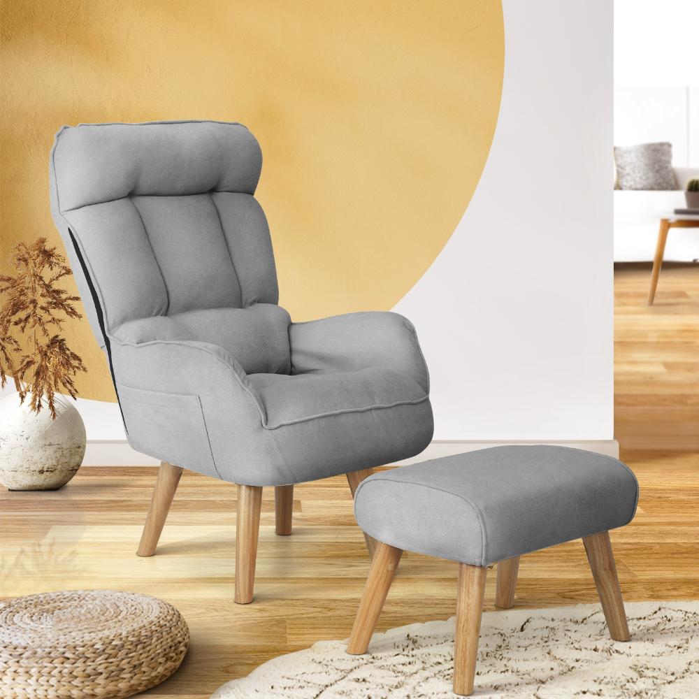 Oikiture Armchair wit Stool, Home Lounge with 360¡ Swivel Seat and 145¡ Recline Grey-Armchair-PEROZ Accessories