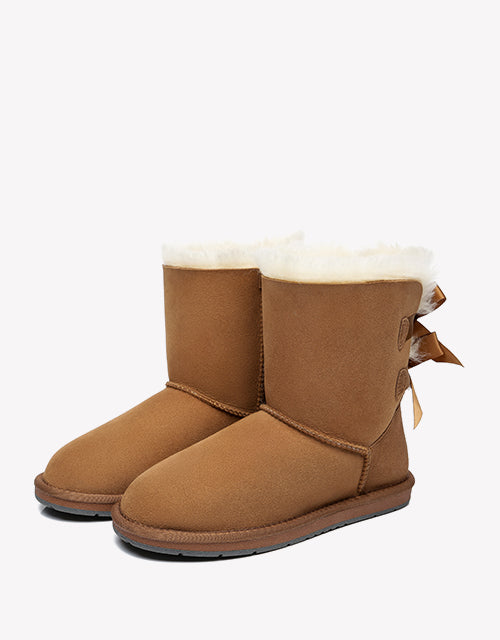 Australian Shepherd Women Short Ugg Boots with Double Back Bow Sheepskin Wool-Boots-PEROZ Accessories