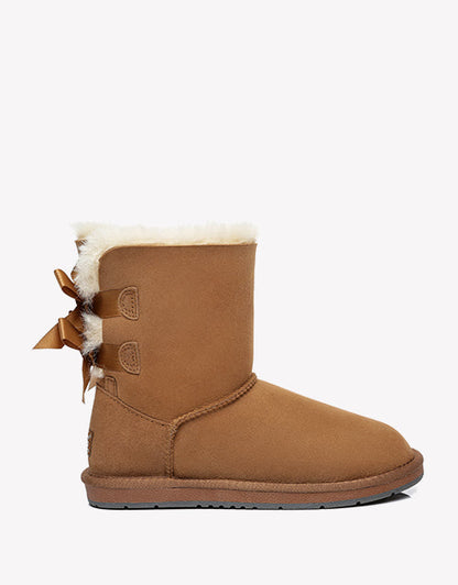 Australian Shepherd Women Short Ugg Boots with Double Back Bow Sheepskin Wool-Boots-PEROZ Accessories