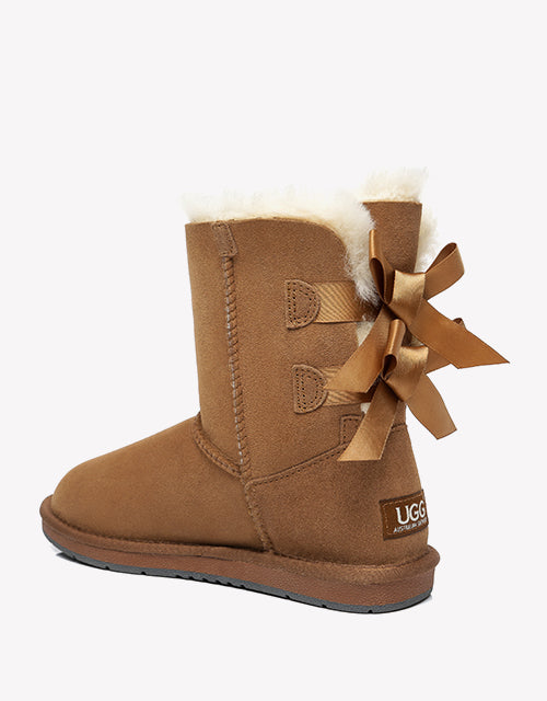 Australian Shepherd Women Short Ugg Boots with Double Back Bow Sheepskin Wool-Boots-PEROZ Accessories