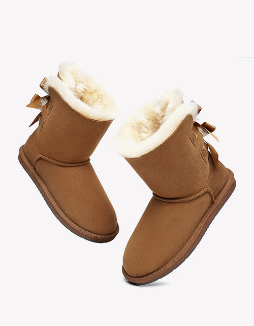 Australian Shepherd Women Short Ugg Boots with Double Back Bow Sheepskin Wool-Boots-PEROZ Accessories