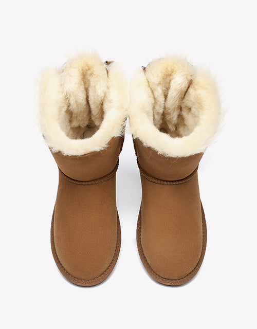 Australian Shepherd Women Short Ugg Boots with Double Back Bow Sheepskin Wool-Boots-PEROZ Accessories