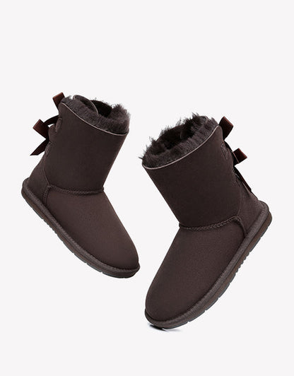 Australian Shepherd Women Short Ugg Boots with Double Back Bow Sheepskin Wool-Boots-PEROZ Accessories