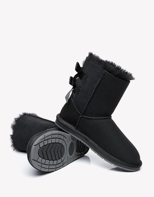 Australian Shepherd Women Short Ugg Boots with Double Back Bow Sheepskin Wool-Boots-PEROZ Accessories