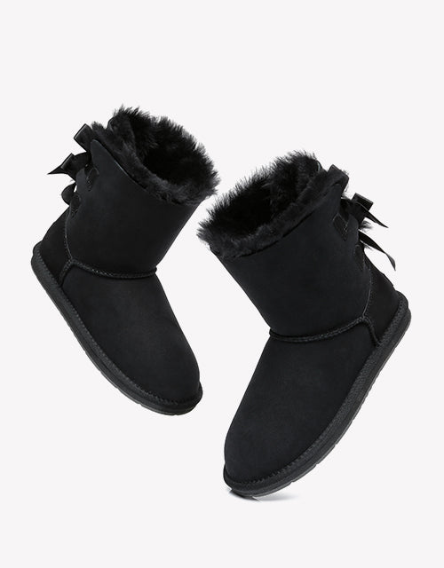 Australian Shepherd Women Short Ugg Boots with Double Back Bow Sheepskin Wool-Boots-PEROZ Accessories