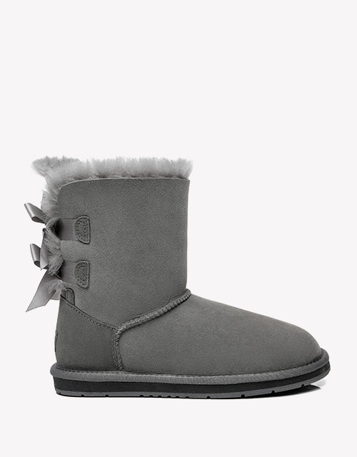 Australian Shepherd Women Short Ugg Boots with Double Back Bow Sheepskin Wool-Boots-PEROZ Accessories