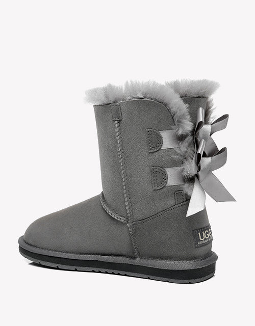 Australian Shepherd Women Short Ugg Boots with Double Back Bow Sheepskin Wool-Boots-PEROZ Accessories