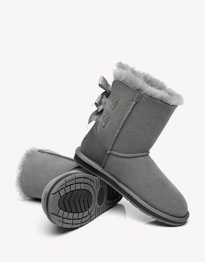 Australian Shepherd Women Short Ugg Boots with Double Back Bow Sheepskin Wool-Boots-PEROZ Accessories