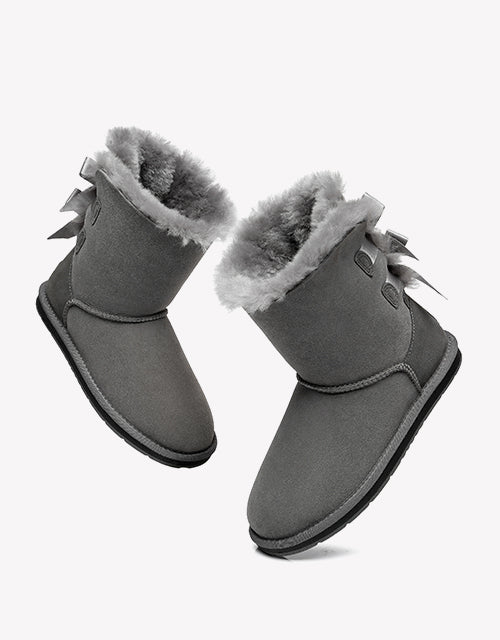 Australian Shepherd Women Short Ugg Boots with Double Back Bow Sheepskin Wool-Boots-PEROZ Accessories