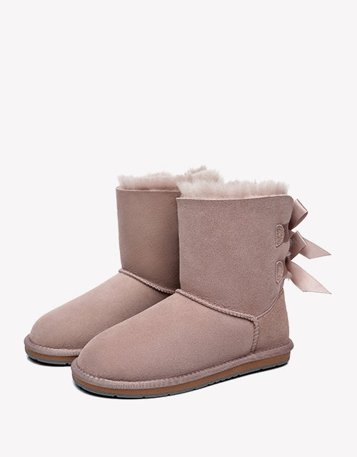 Australian Shepherd Women Short Ugg Boots with Double Back Bow Sheepskin Wool-Boots-PEROZ Accessories