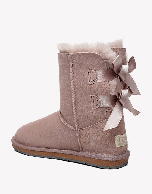 Australian Shepherd Women Short Ugg Boots with Double Back Bow Sheepskin Wool-Boots-PEROZ Accessories