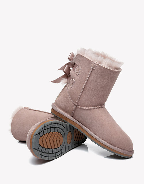 Australian Shepherd Women Short Ugg Boots with Double Back Bow Sheepskin Wool-Boots-PEROZ Accessories