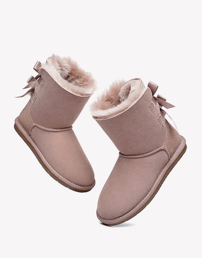 Australian Shepherd Women Short Ugg Boots with Double Back Bow Sheepskin Wool-Boots-PEROZ Accessories