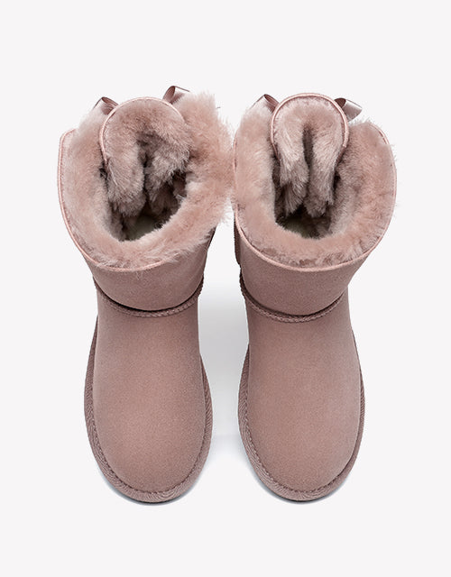 Australian Shepherd Women Short Ugg Boots with Double Back Bow Sheepskin Wool-Boots-PEROZ Accessories