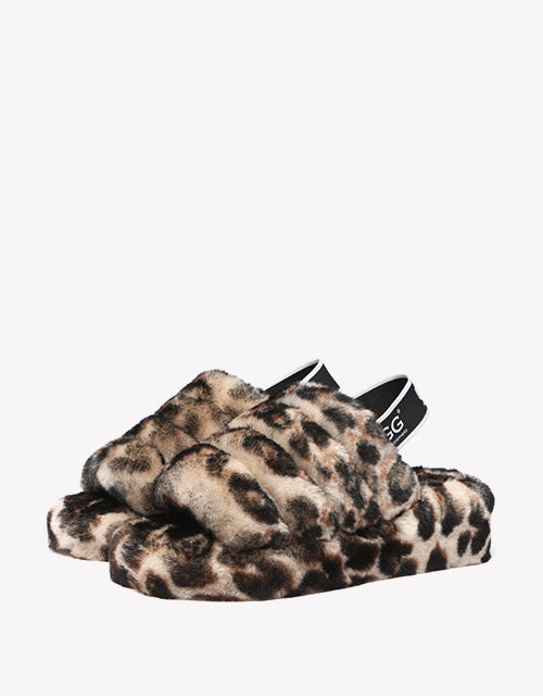 Australian Shepherd Leopard Print Fluffy Slides Sheepskin Wool Women Pamela-Slides-PEROZ Accessories