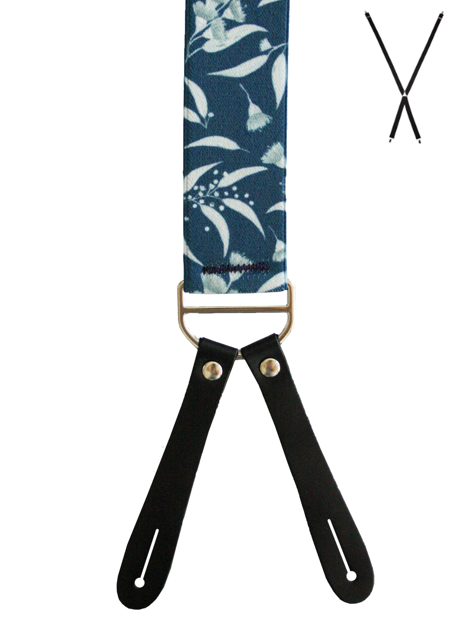BRACES. X-Back with Leather Ends. Ali Wilkinson Flowering Gum Print. Silver. 35mm width.-Braces-PEROZ Accessories