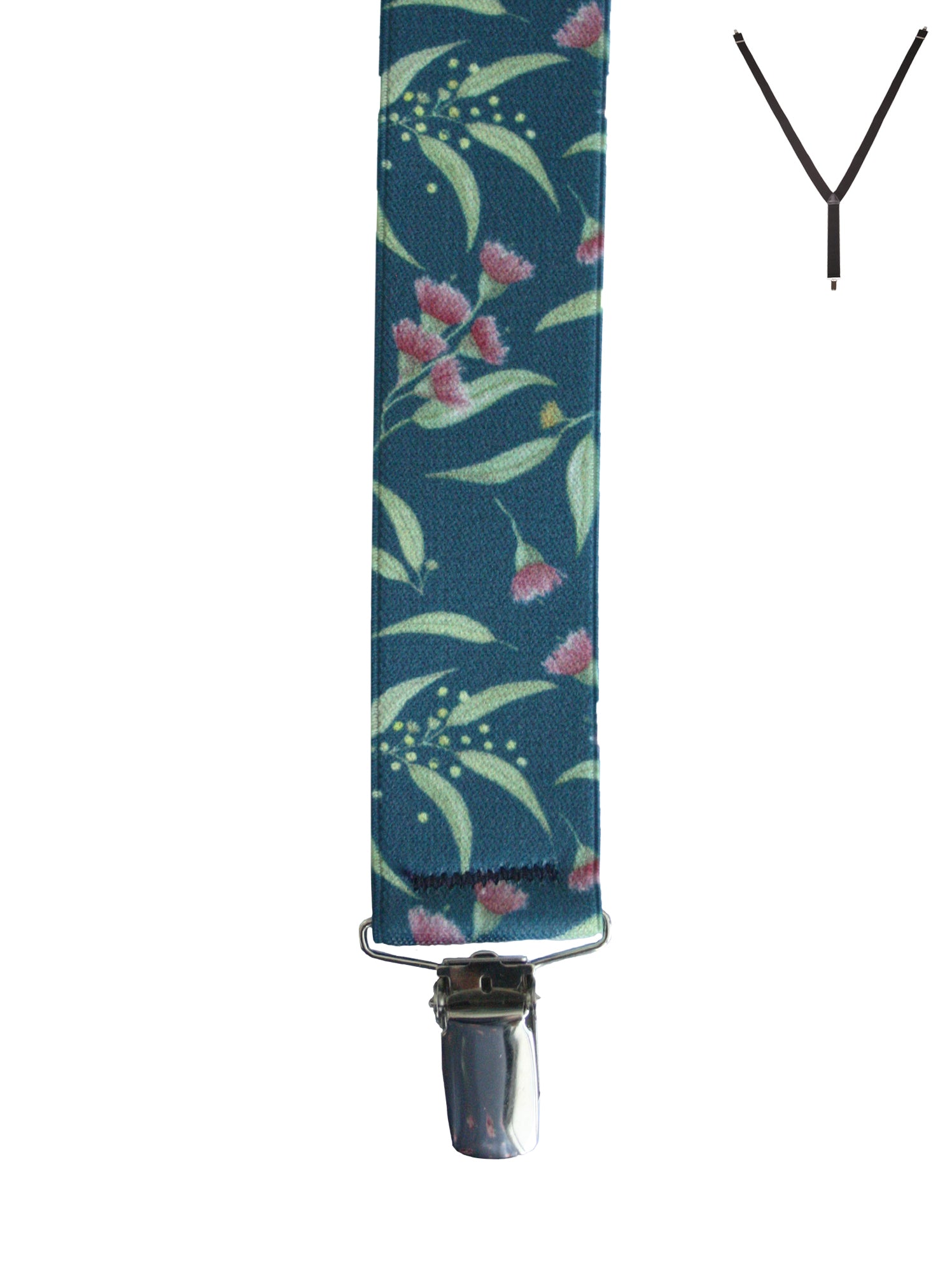 BRACES. Y-Back with Nickel Clips. Ali Wilkinson Flowering Gum Print. Teal. 35mm width.-Braces-PEROZ Accessories