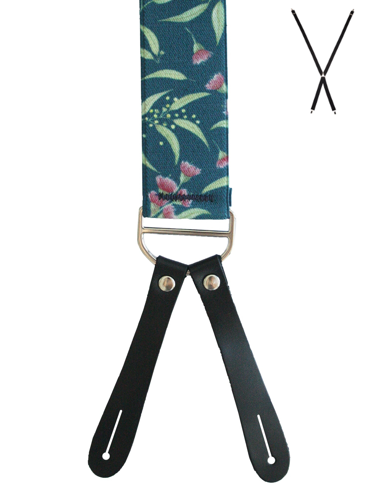 BRACES. X-Back with Leather Ends. Ali Wilkinson Flowering Gum Print. Teal. 35mm width.-Braces-PEROZ Accessories