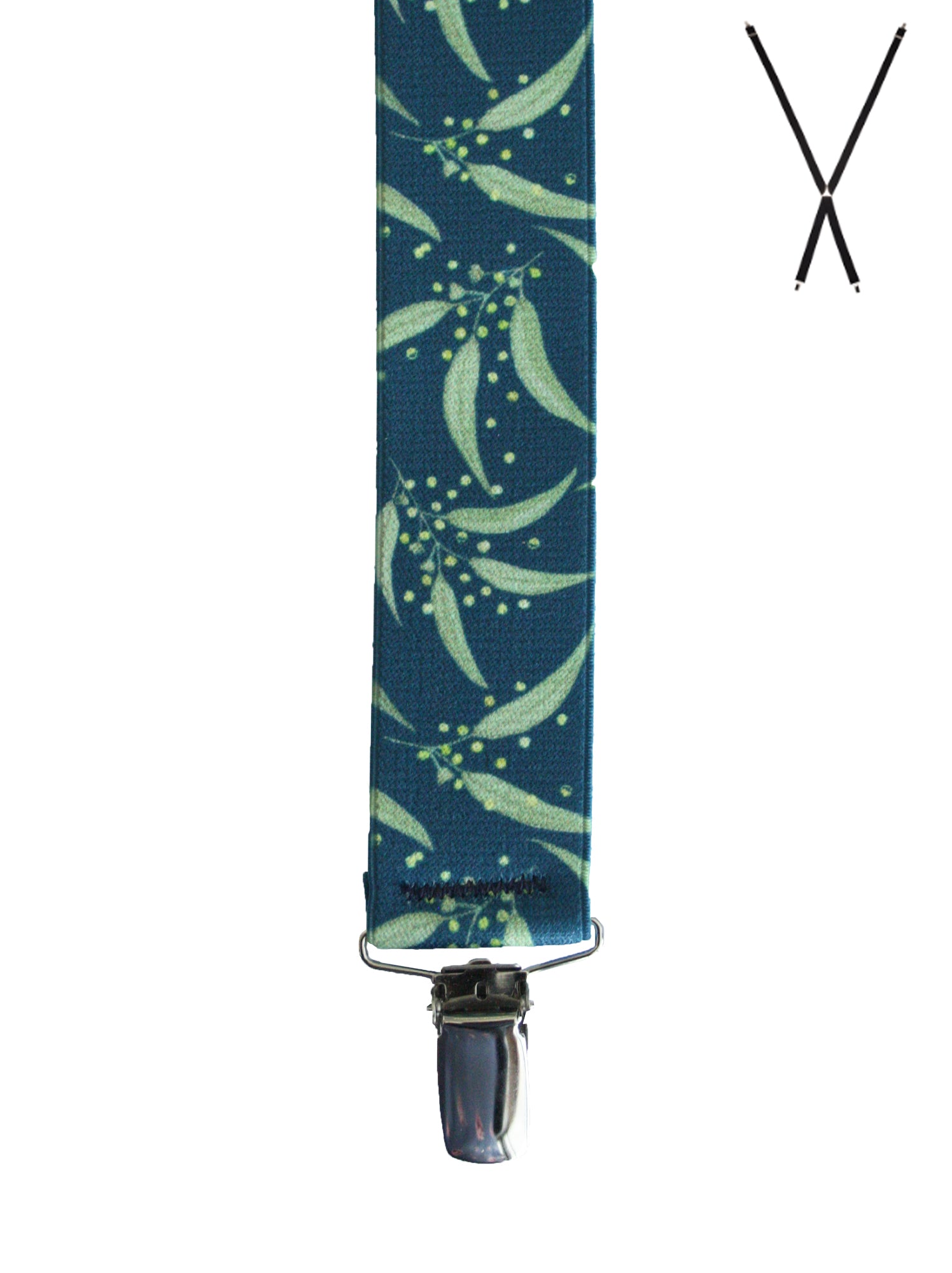 BRACES. X-Back with Nickel Clips. Ali Wilkinson Eucalyptus Print. 35mm width.-Braces-PEROZ Accessories
