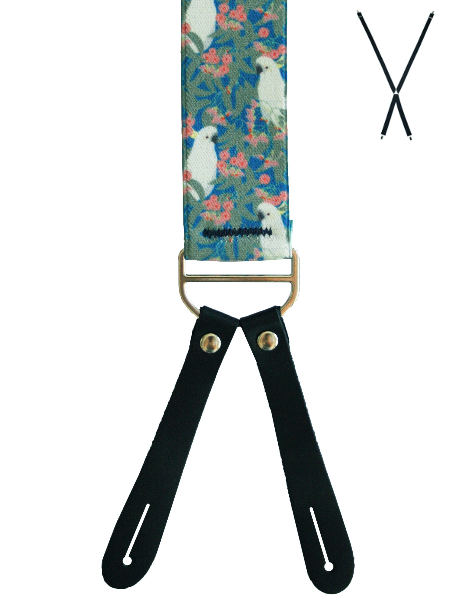 BRACES. X-Back with Leather Ends. Ali Wilkinson Cockatoo Print. 35mm width.-Braces-PEROZ Accessories