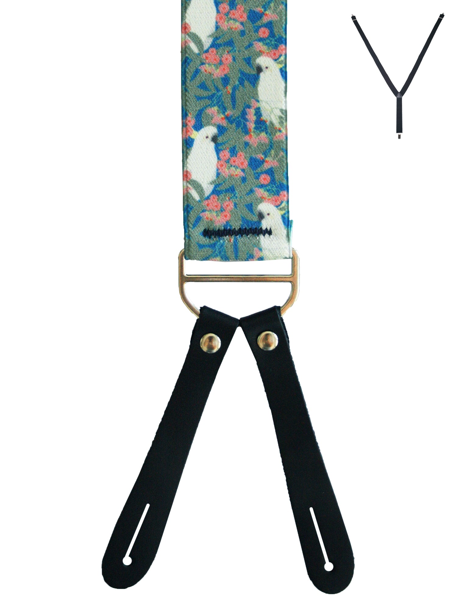 BRACES. Y-Back with Leather Ends. Ali Wilkinson Cockatoo Print. 35mm width.-Braces-PEROZ Accessories
