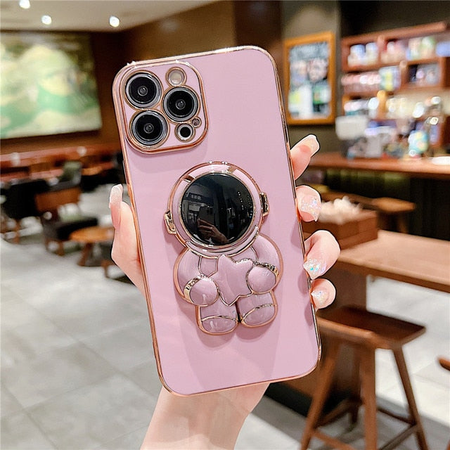 Anymob Astronaut iPhone Love Heart Holder Pink Protection Electroplated Phone Case Soft Silicone Shockproof Stand Back Cover Compatible-Mobile Phone Cases-PEROZ Accessories