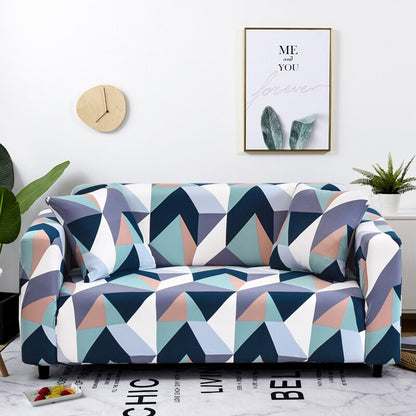 Anyhouz 2 Seater Sofa Cover Blue White Geometric Style and Protection For Living Room Sofa Chair Elastic Stretchable Slipcover-Slipcovers-PEROZ Accessories