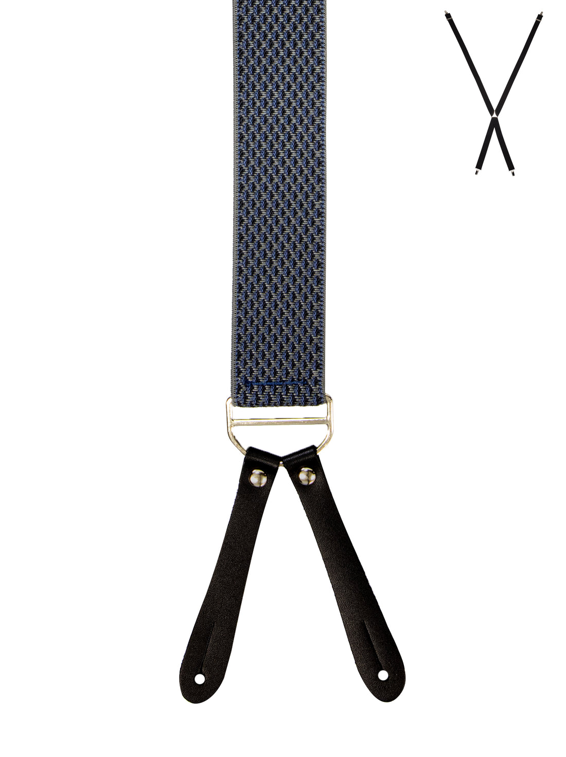 BRACES. X-Back with Leather Ends. Jacquard Print. Navy. 35mm width.-Braces-PEROZ Accessories