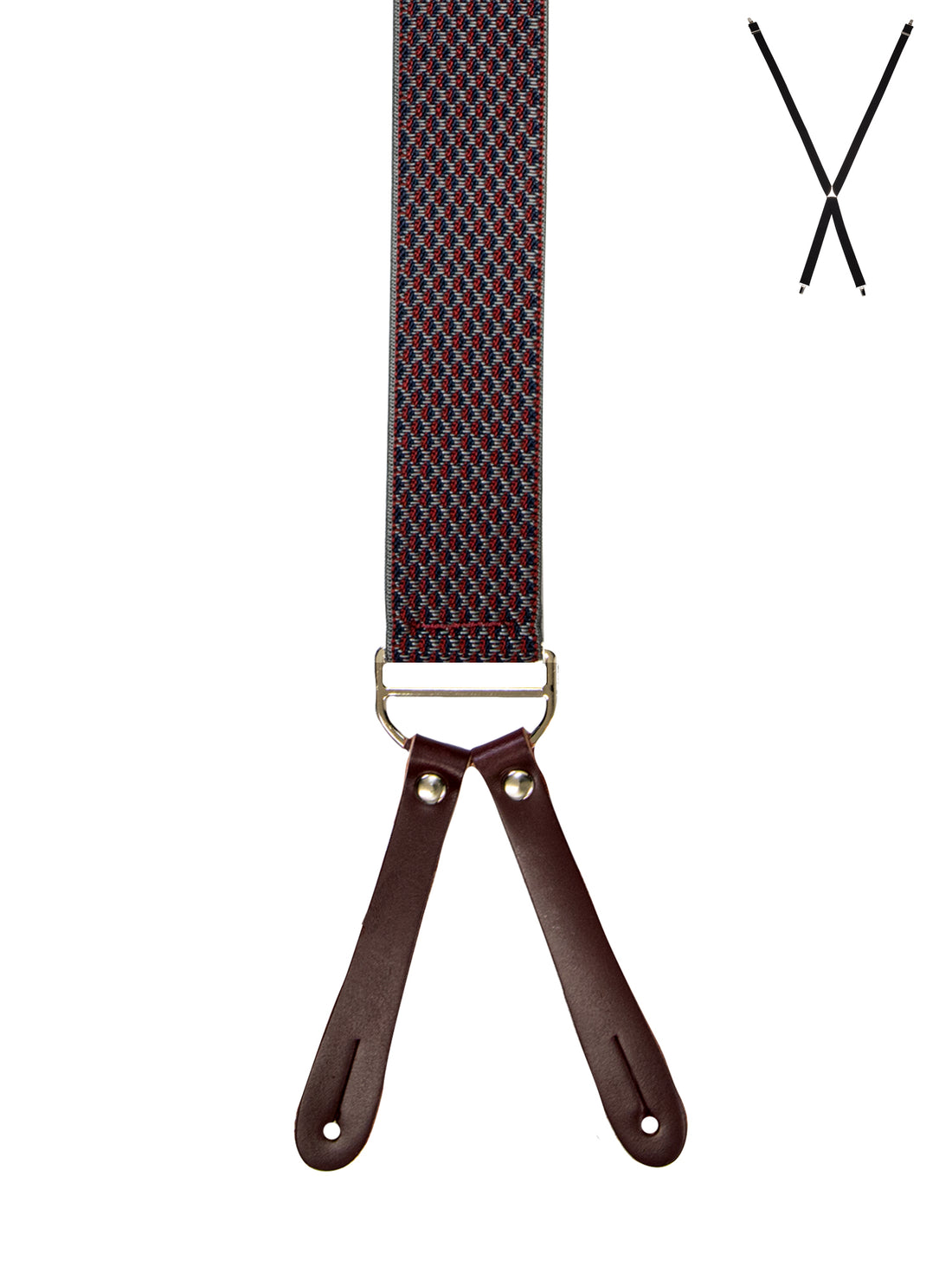 BRACES. X-Back with Leather Ends. Jacquard Print. Burgundy. 35mm width.-Braces-PEROZ Accessories