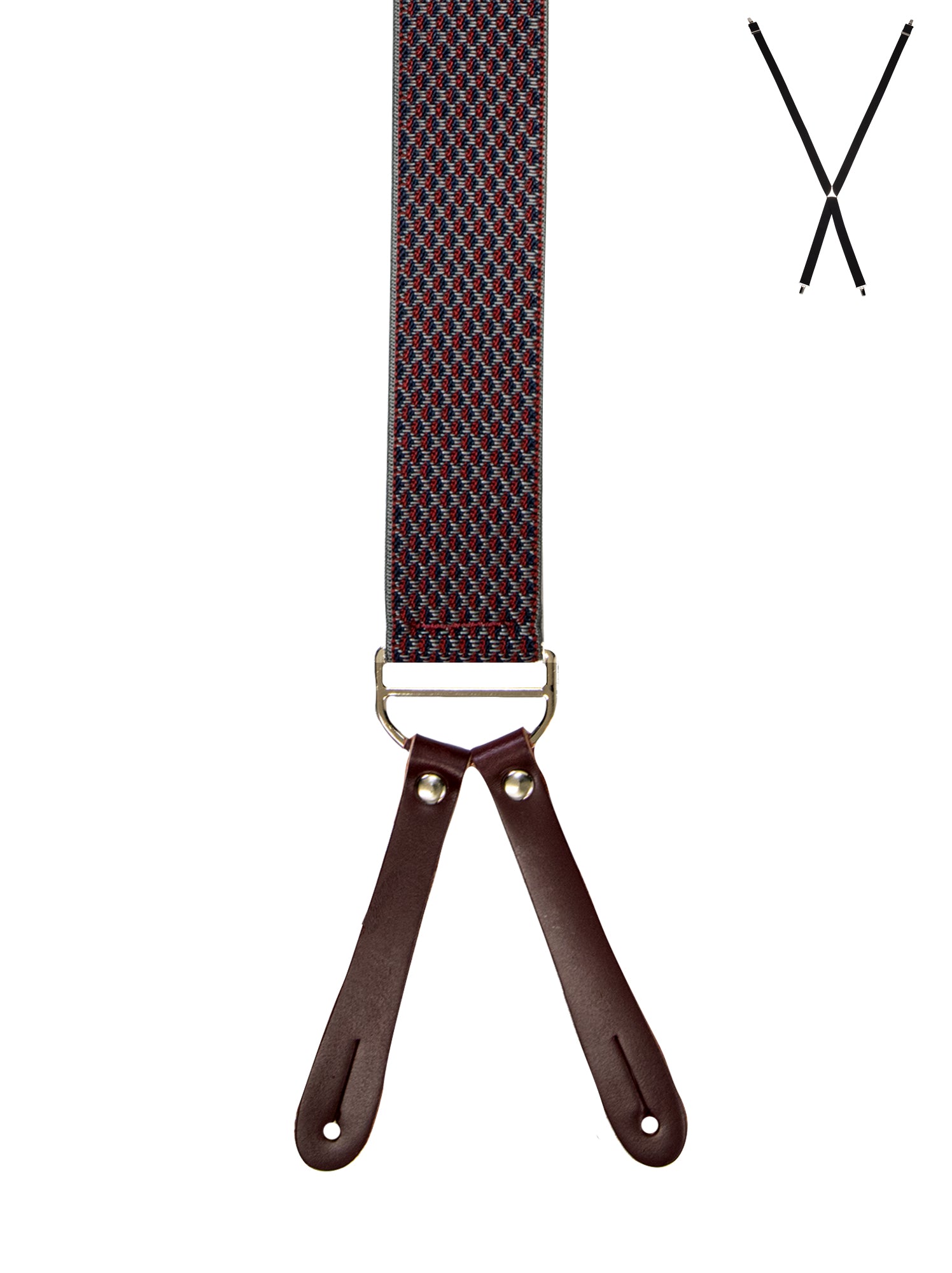 BRACES. X-Back with Leather Ends. Jacquard Print. Burgundy. 35mm width.-Braces-PEROZ Accessories