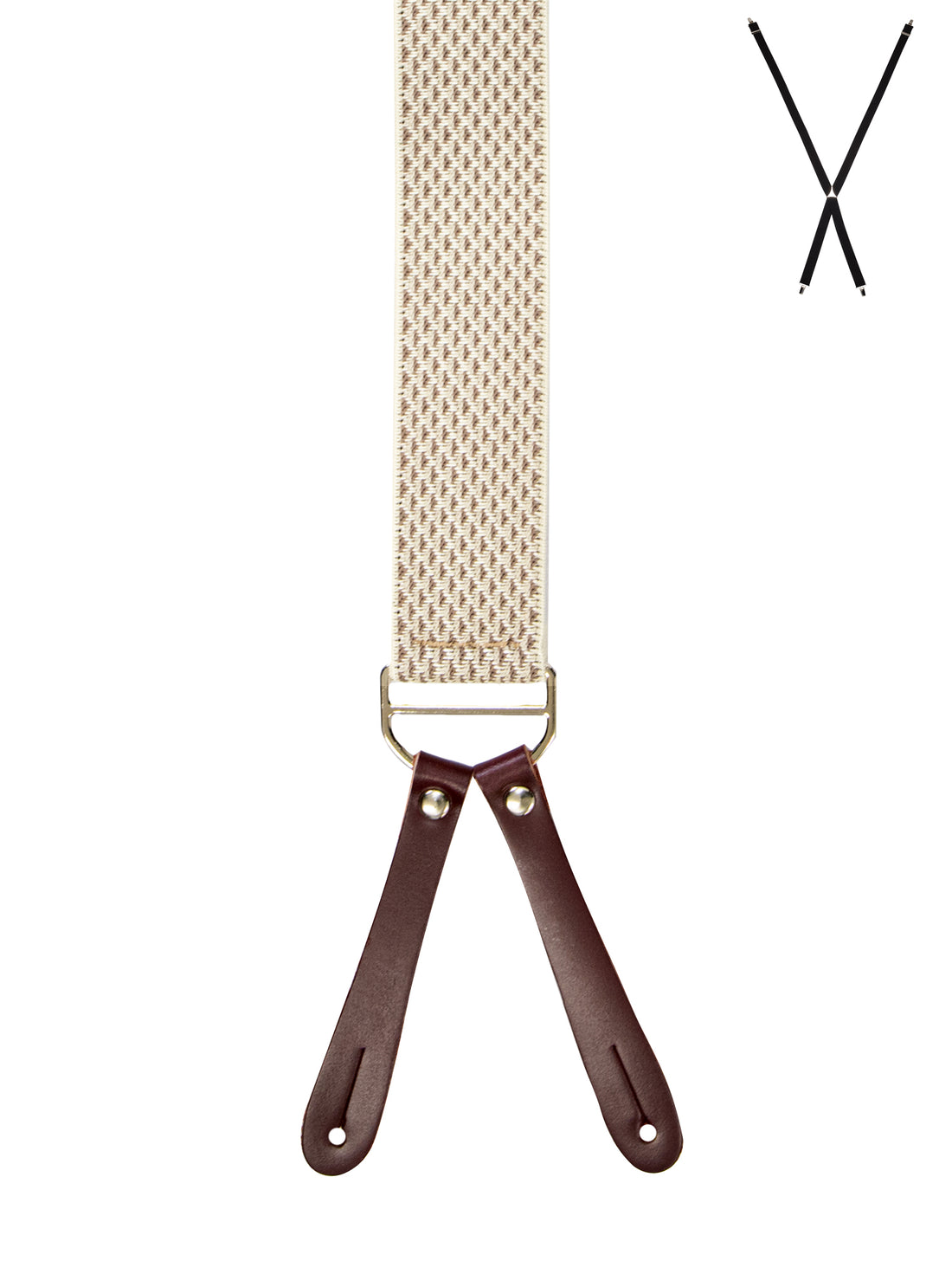 BRACES. X-Back with Leather Ends. Jacquard Print. Beige. 35mm width.-Braces-PEROZ Accessories